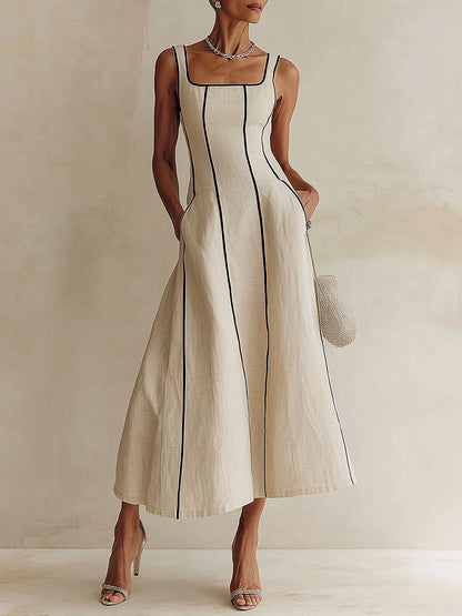 Vestido largo línea A en albaricoque con raya negra
