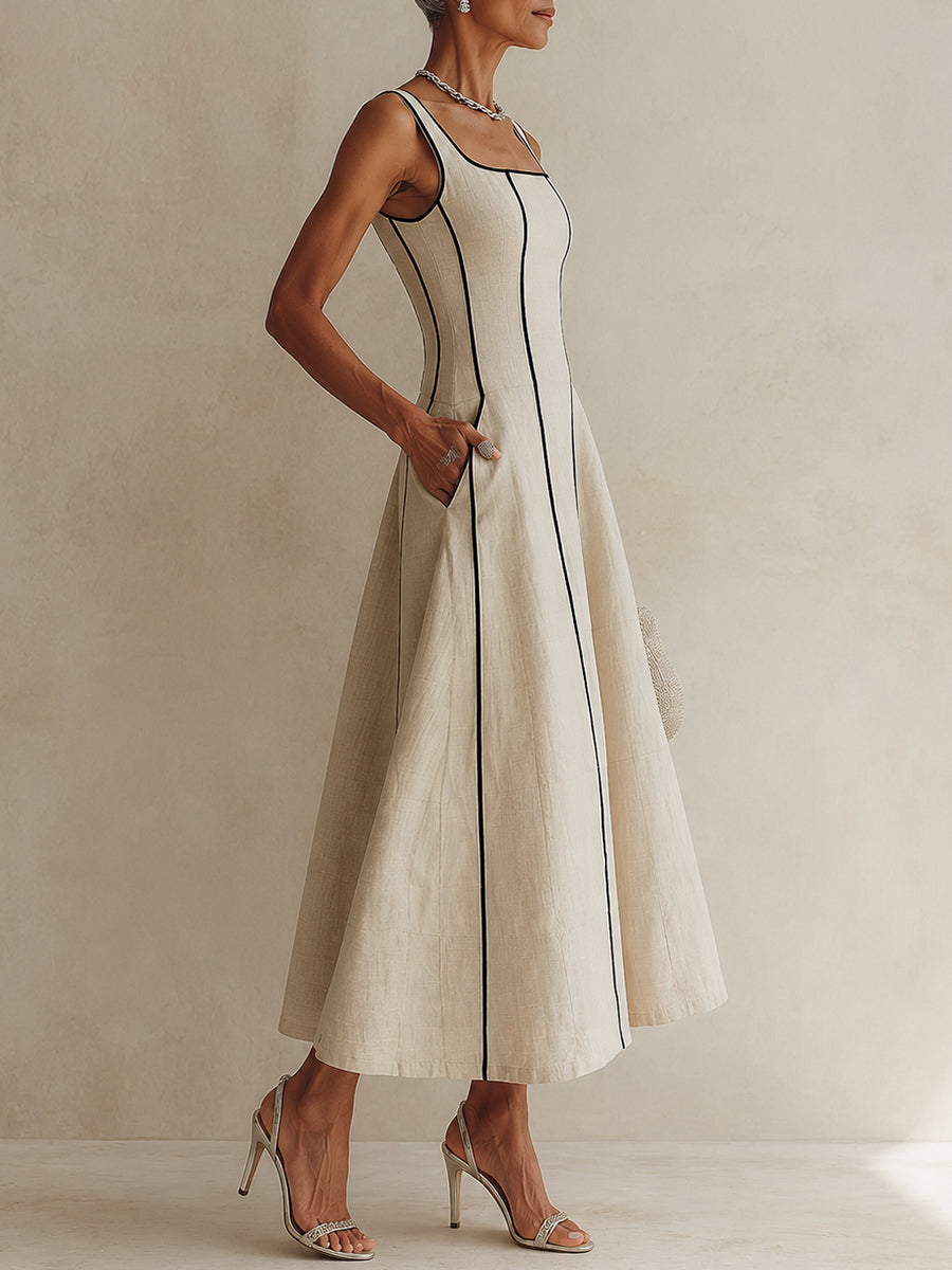 Vestido largo línea A en albaricoque con raya negra