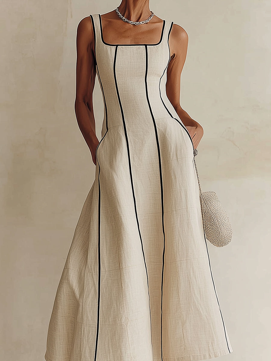 Vestido largo línea A en albaricoque con raya negra
