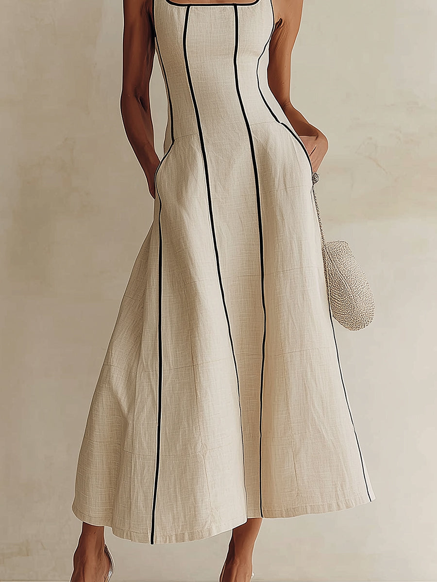 Vestido largo línea A en albaricoque con raya negra