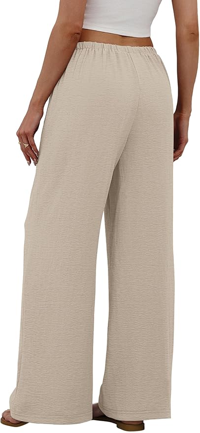 Venbelia - Pantalones de pierna ancha con cordón, para mujer, con cintura elástica y bolsillos, estilo palazzo, para vacaciones de verano en la playa