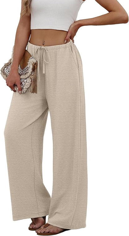 Venbelia - Pantalones de pierna ancha con cordón, para mujer, con cintura elástica y bolsillos, estilo palazzo, para vacaciones de verano en la playa