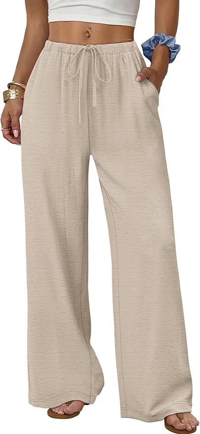 Venbelia - Pantalones de pierna ancha con cordón, para mujer, con cintura elástica y bolsillos, estilo palazzo, para vacaciones de verano en la playa