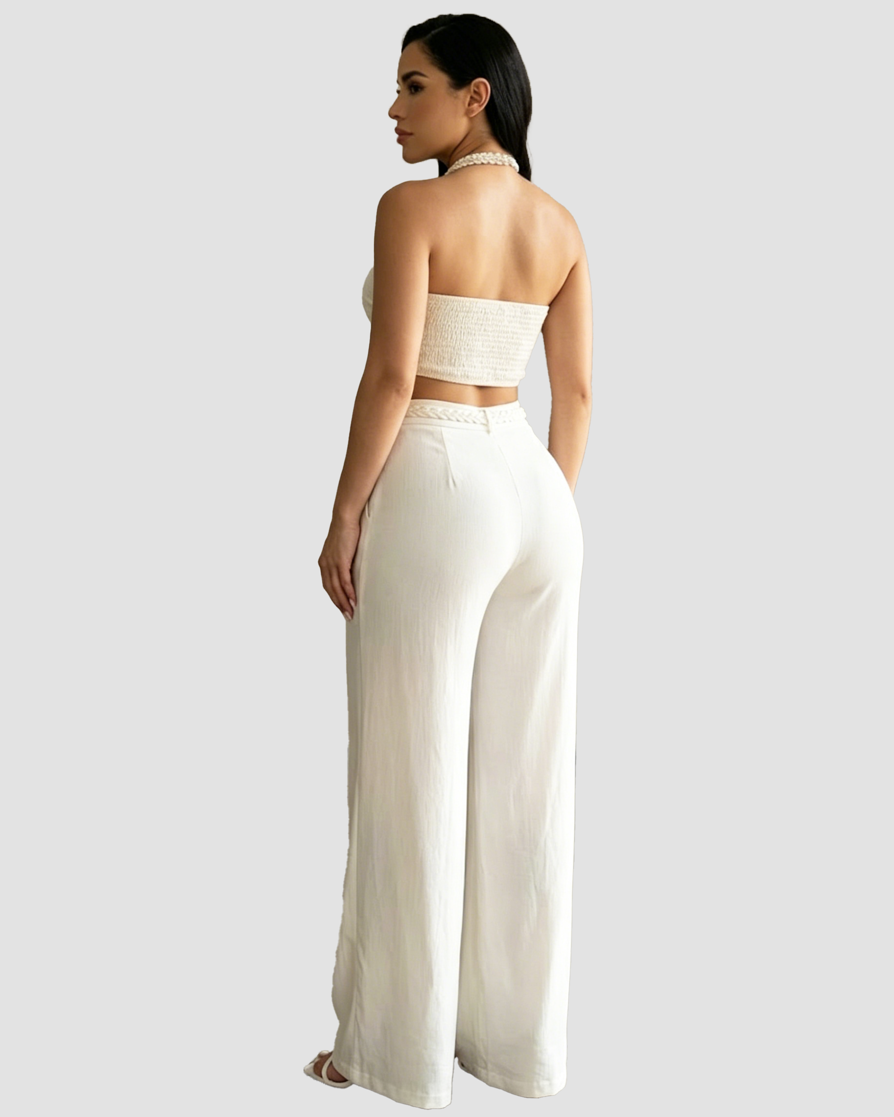 Conjunto Dos Piezas Top Halter Trenzado y Pantalón de Campana