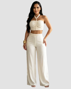 Conjunto Dos Piezas Top Halter Trenzado y Pantalón de Campana