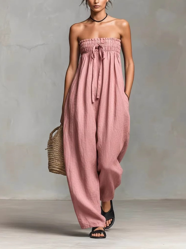 Black Minimalist Loose-fitting Faux Linen-blend Strapless Jumpsuit