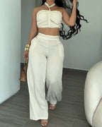Conjunto Dos Piezas Top Halter Trenzado y Pantalón de Campana