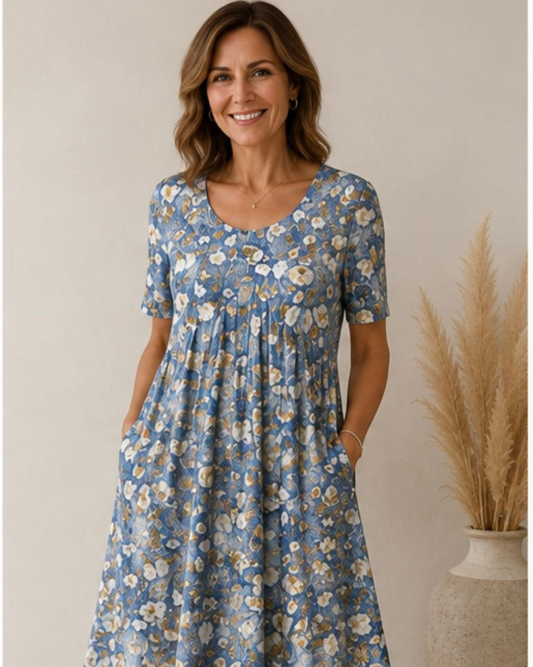 Vestido Gigi en amarillo floral, corte fluido y favorecedor con manga corta