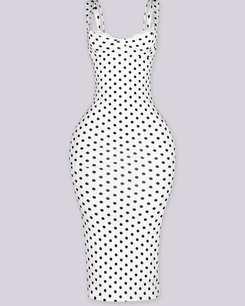 Vestido Midi de Lunares Ajustado con Escote de Pico