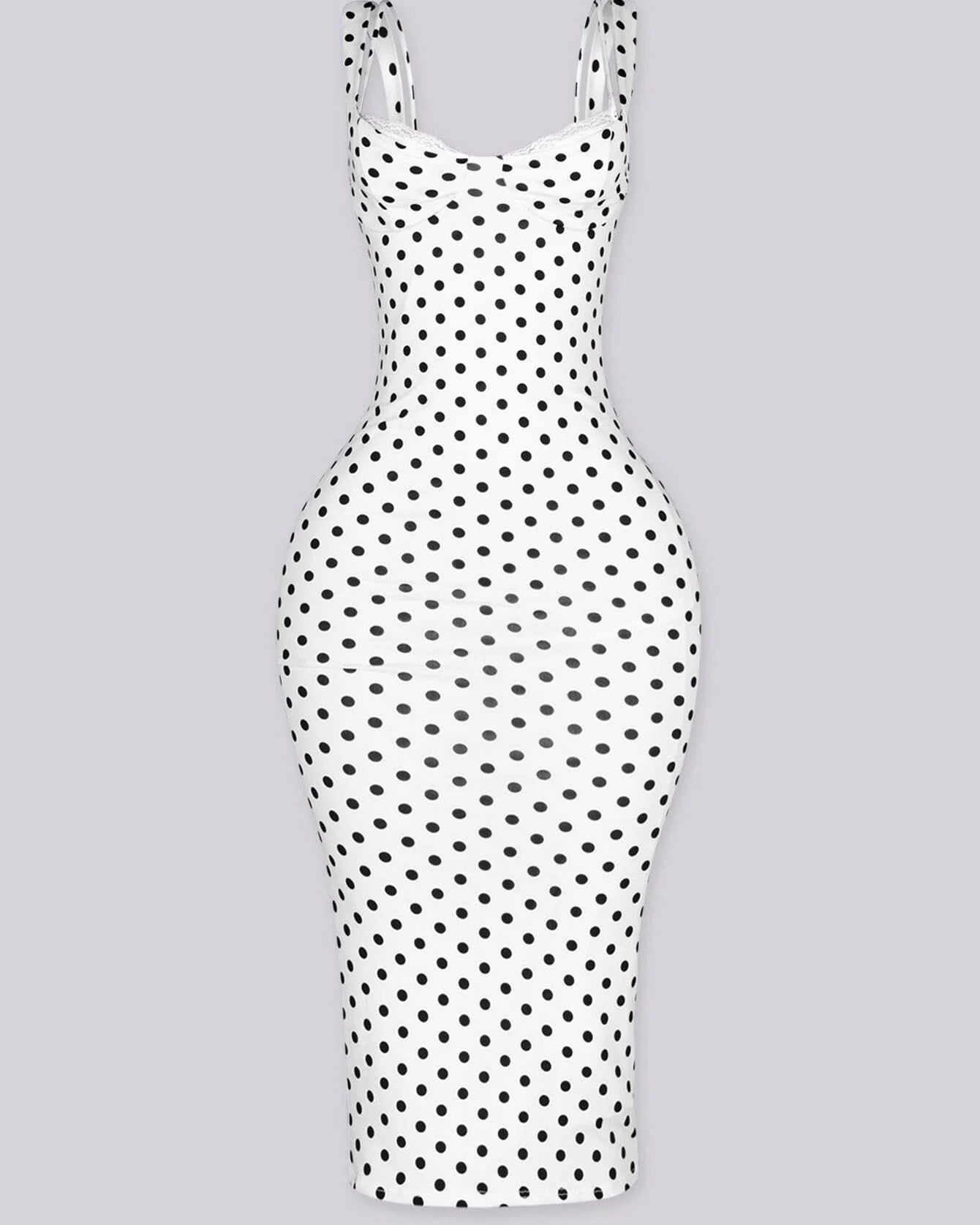 Vestido Midi de Lunares Ajustado con Escote de Pico