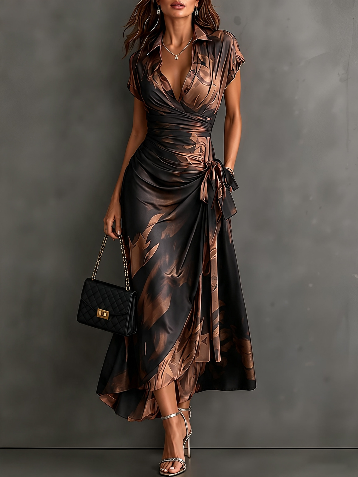 Vestido midi cruzado con estampado abstracto en rojo y negro