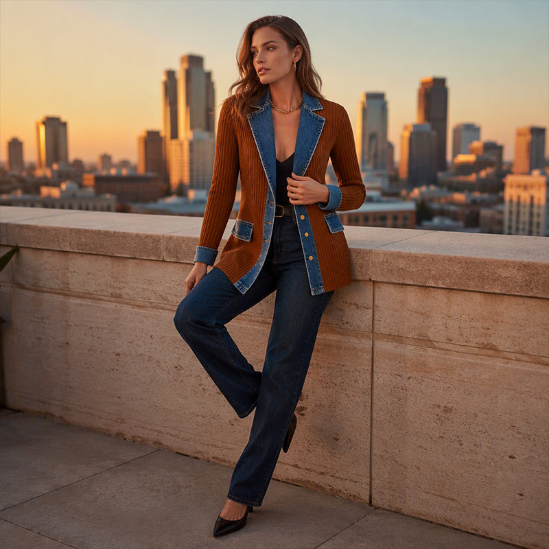 Abrigo elegante de punto acanalado para mujer con paneles de denim