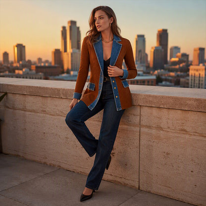 Abrigo elegante de punto acanalado para mujer con paneles de denim