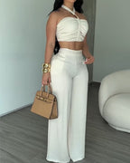 Conjunto Dos Piezas Top Halter Trenzado y Pantalón de Campana
