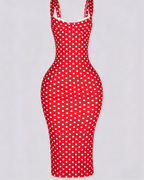 Vestido Midi de Lunares Ajustado con Escote de Pico