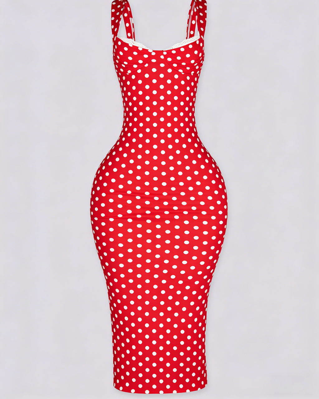 Vestido Midi de Lunares Ajustado con Escote de Pico