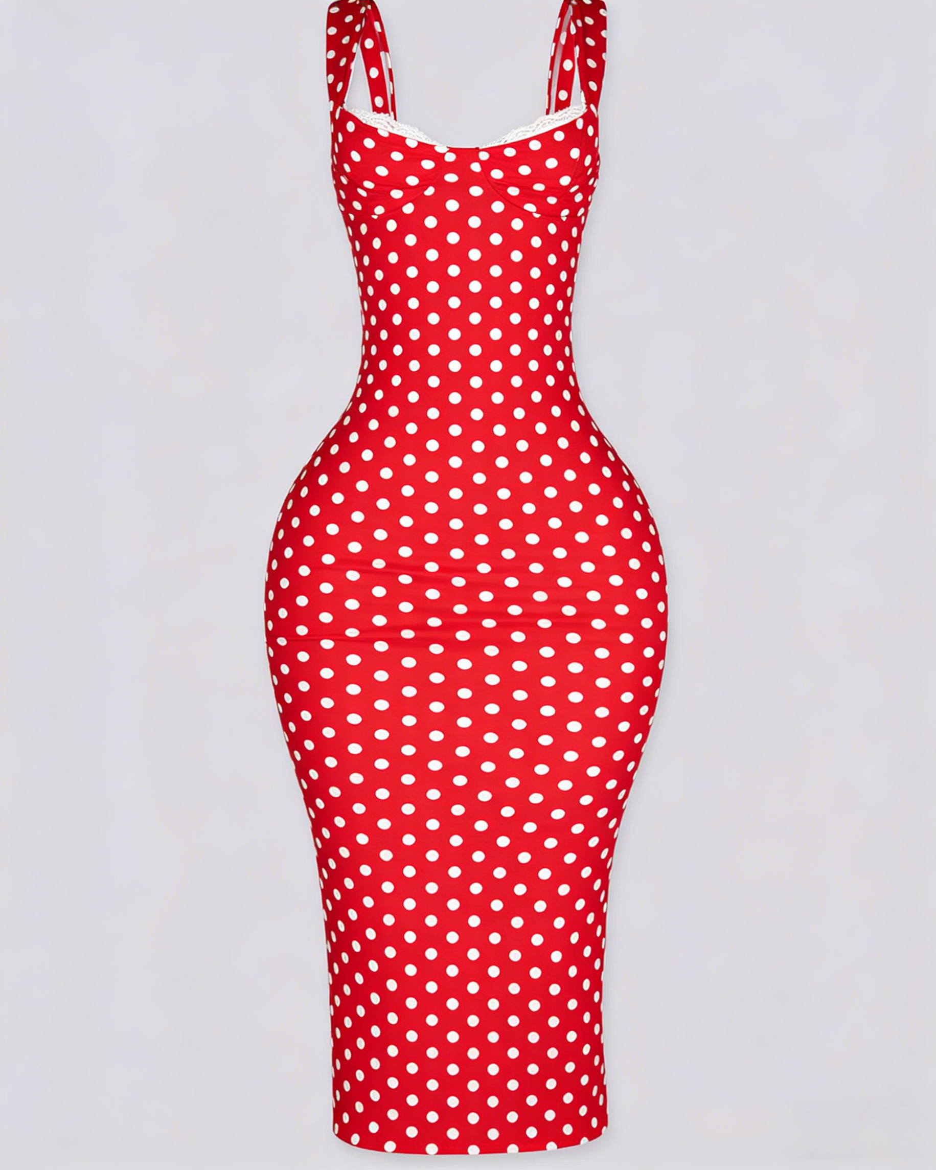 Vestido Midi de Lunares Ajustado con Escote de Pico