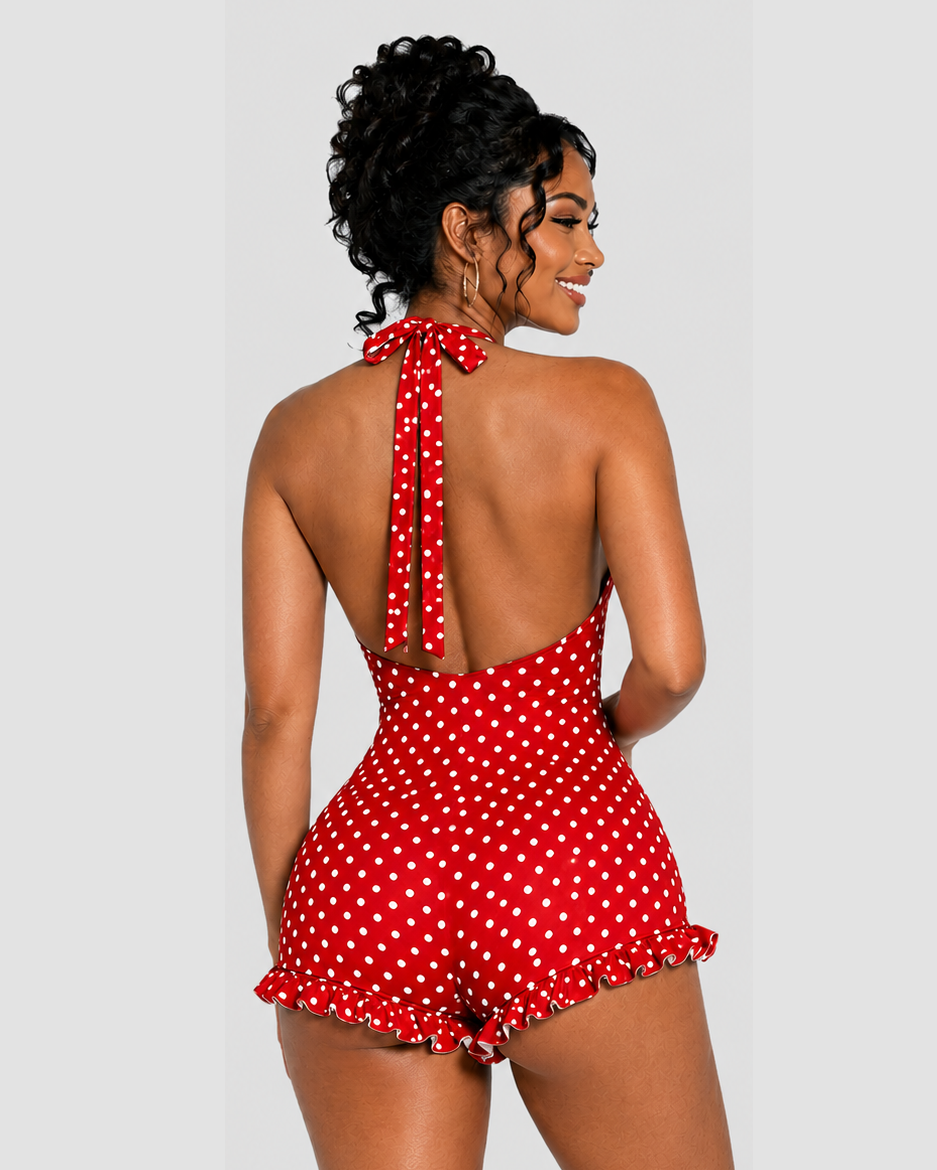 Mono Corto de Lunares con Escote Halter y Volante