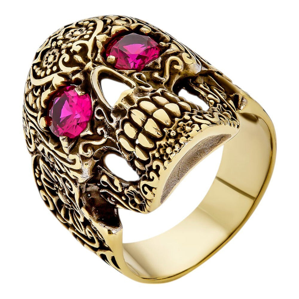 Sugar Skull & Roses Ring - 14k Gold Vermeil 925 Silver Oxidized