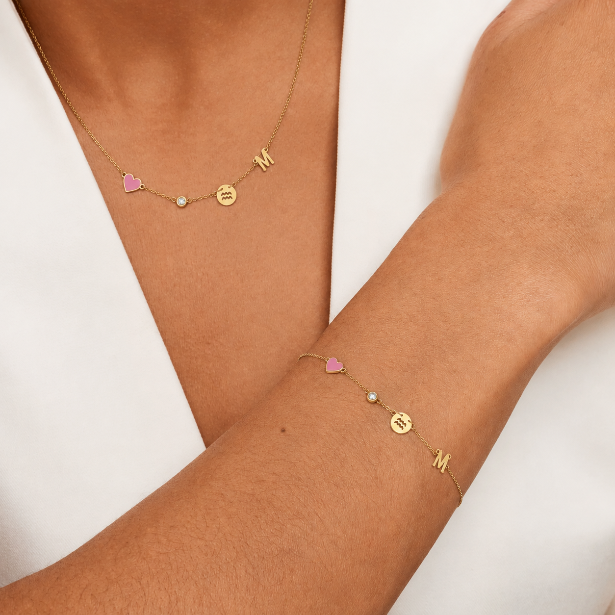 Collar Personalizado con Inicial, Piedra de Nacimiento y Signo del Zodiaco