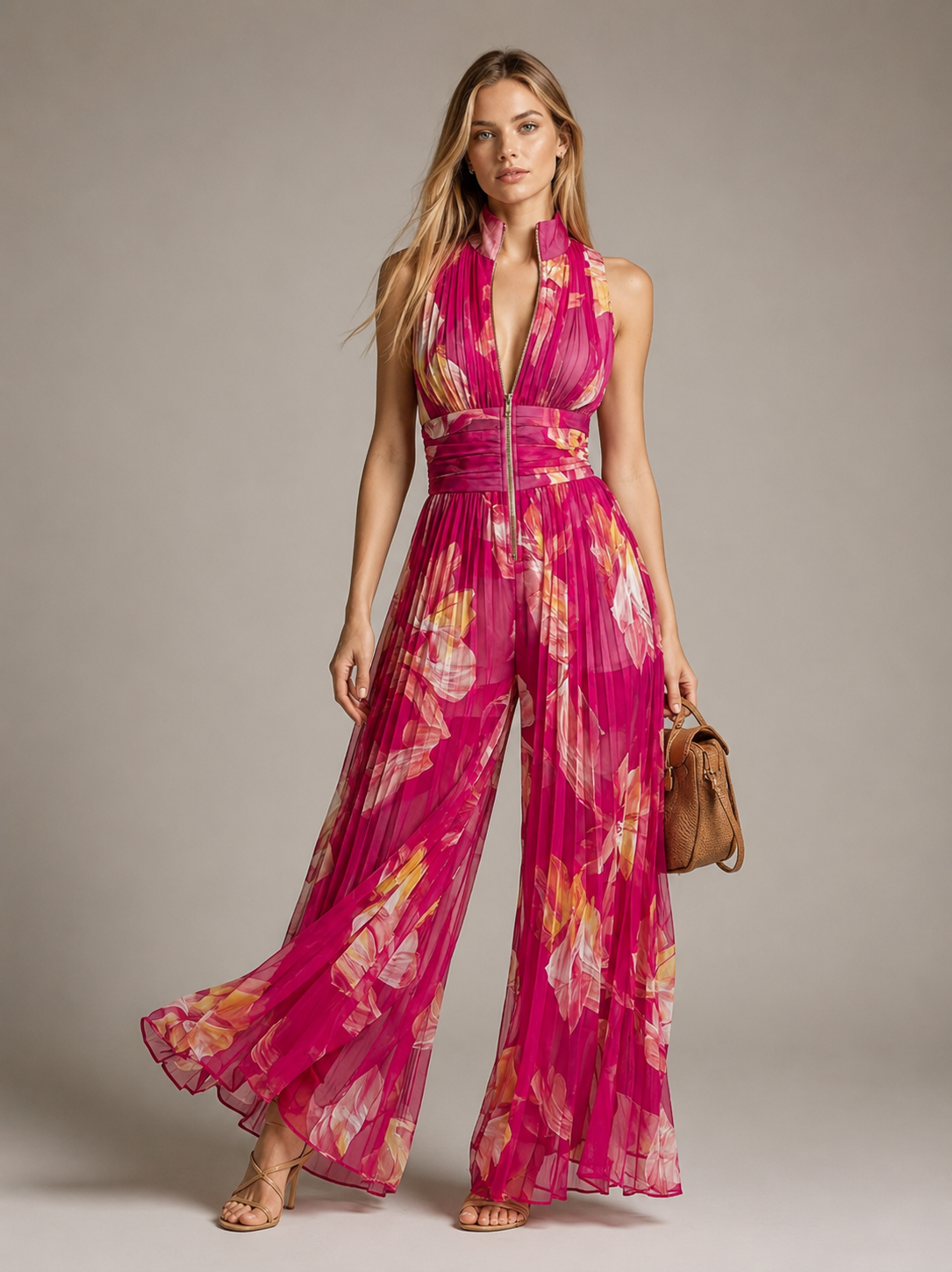 Mujer con mono largo plisado de estampado floral fucsia Leila de Venbelia, vista frontal