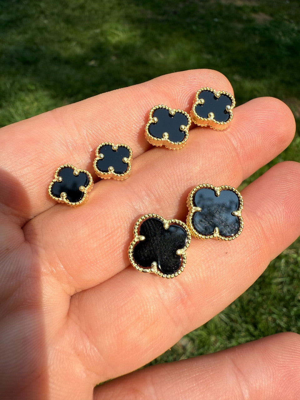 Black Onyx Clover Earrings - 14k Gold Vermeil 925 Silver - 8mm-12mm
