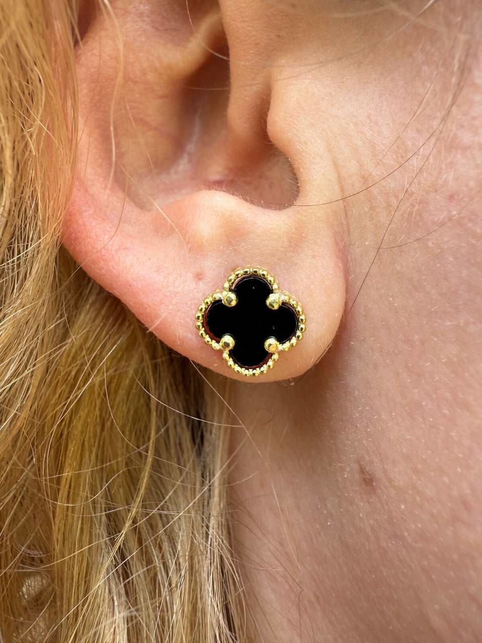 Black Onyx Clover Earrings - 14k Gold Vermeil 925 Silver - 8mm-12mm