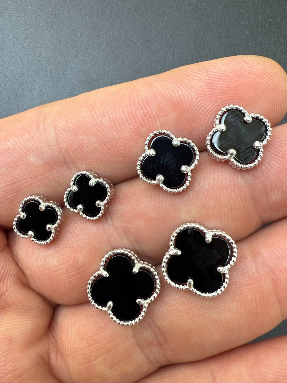 Black Onyx Clover Earrings - 925 Silver - 8mm-12mm
