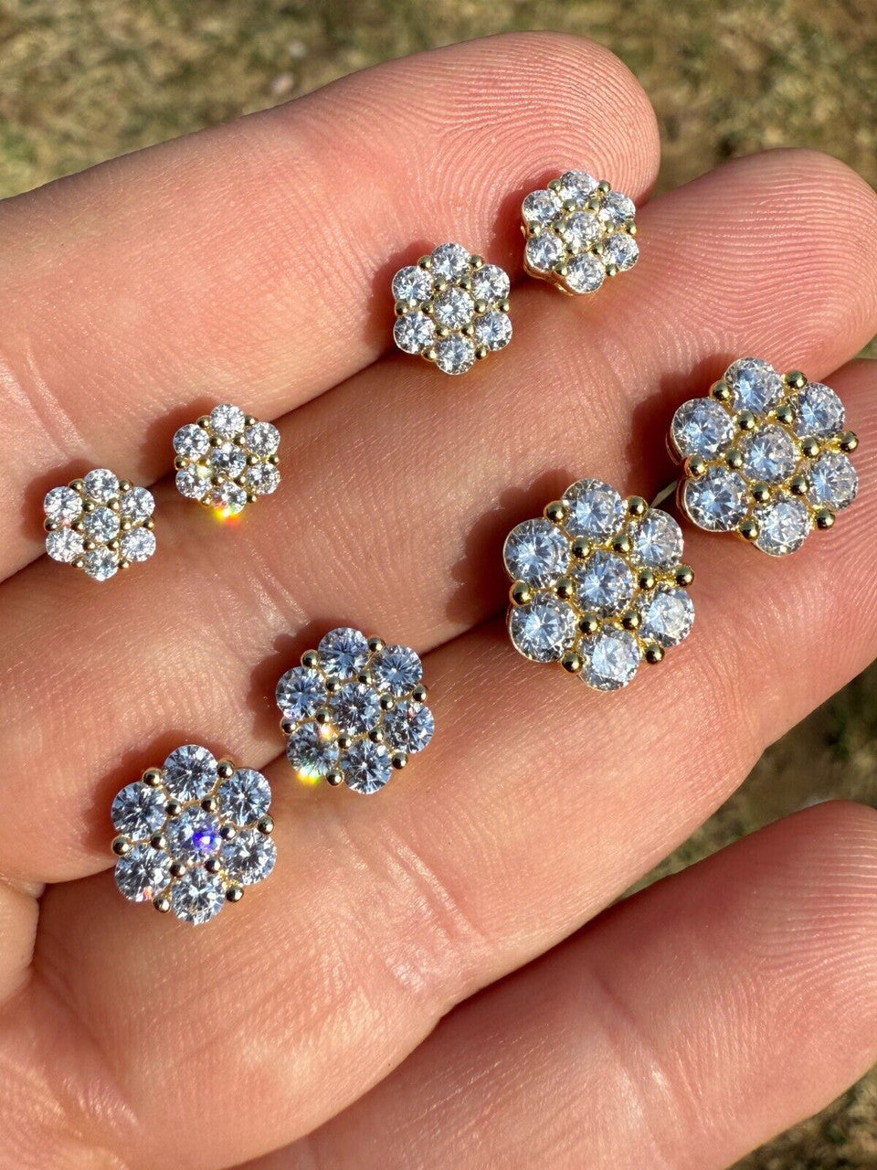 Cluster Flower Set Earrings Real 14k Gold Over 925 Silver 6-12mm Iced CZ Stones
