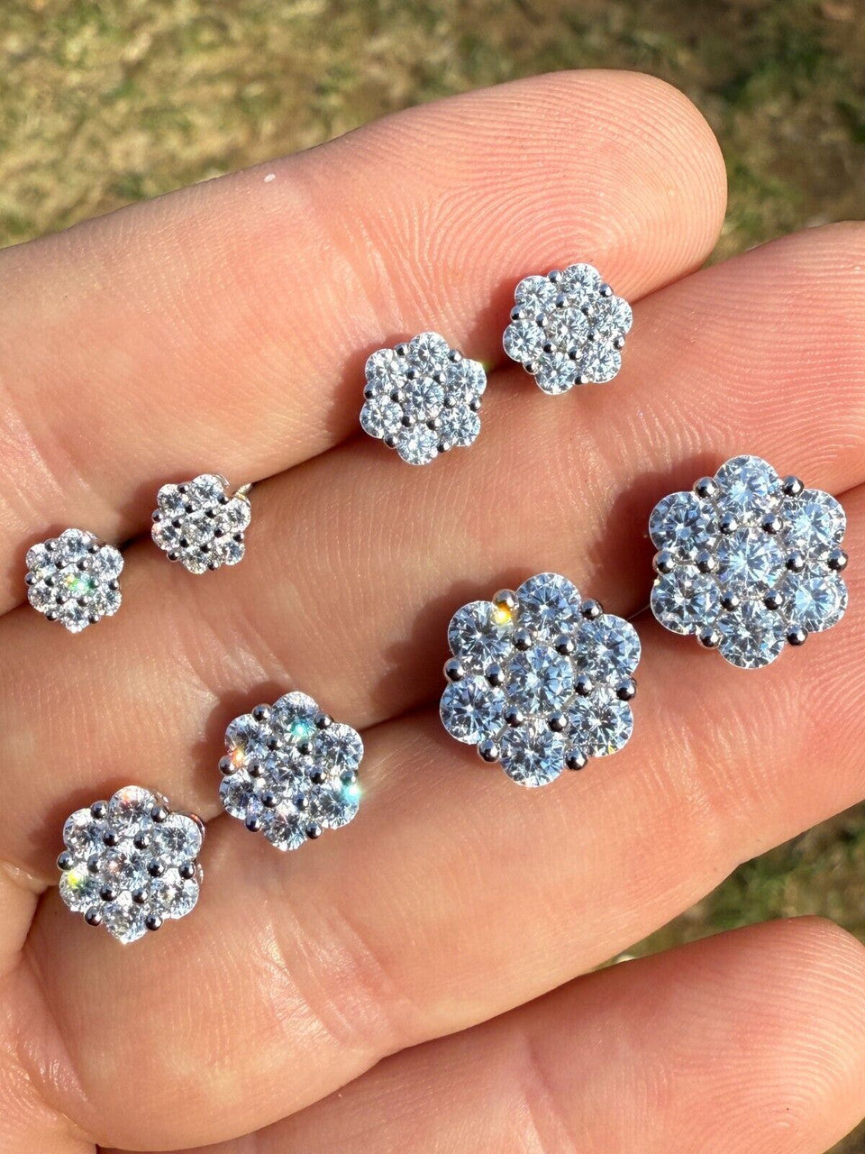 Cluster Iced Out Honeycomb Set Earrings - Silver - CZ Stones - 6mm -12mm