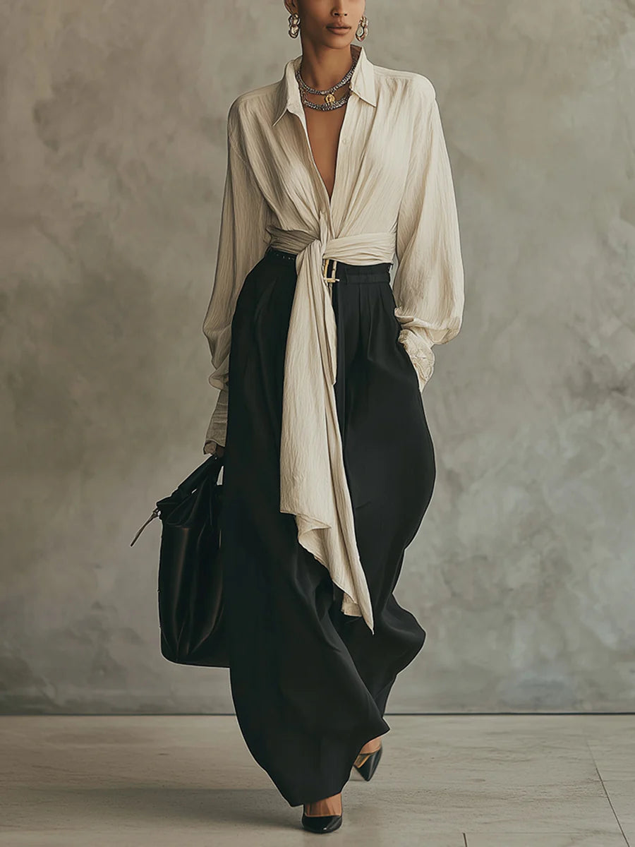 Conjunto de camisa beige anudada y pantalón negro