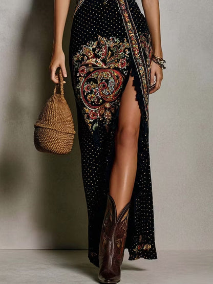 Vestido largo boho estampado con escote en pico y abertura