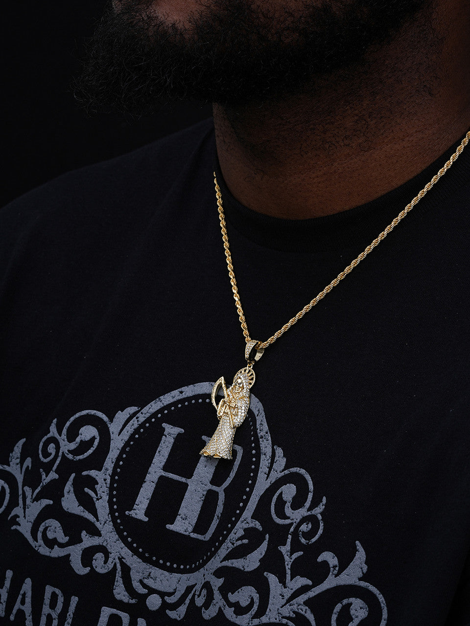 MOISSANITE Santa Muerte Grim Reaper Iced Out Pendant - 14k Gold Vermeil Or 925 Silver - Large 2.5"
