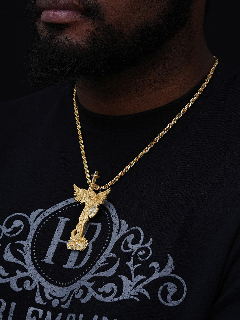 MOISSANITE Saint Michael Slaying Dragon Archangel Pendant - Sandblasted Matte Finish 14k Gold Vermeil 925 Silver - 3 Sizes 1"-3"