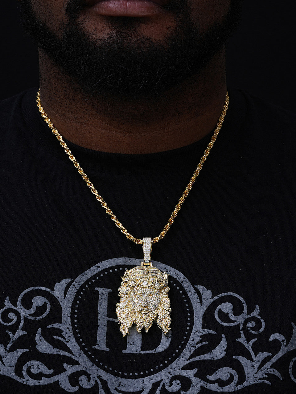 Jesus Bust Down Pendant - 14k Gold Vermeil 925 Silver - CZ Stones - 2 Sizes 2.25"-3"