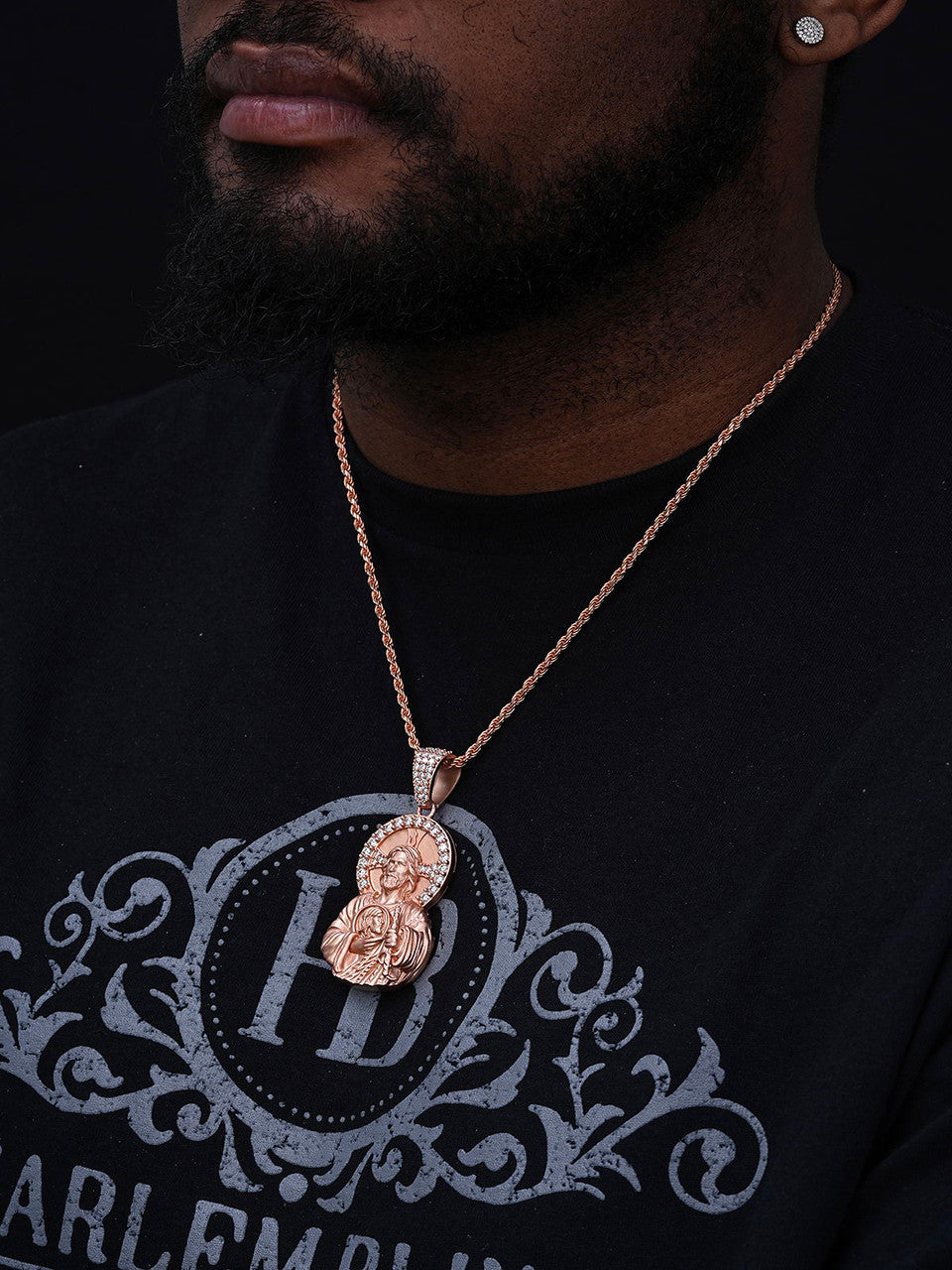 MOISSANITE St Jude San Judas Iced Pendant - 14k Yellow/Rose Gold Vermeil Or 925 Silver  - Large 2.75"