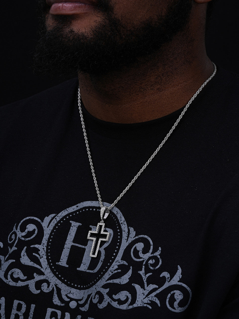 MOISSANITE Cross Black Enamel Pendant - 925 Silver - 3 Sizes - 1.25"-2.75"