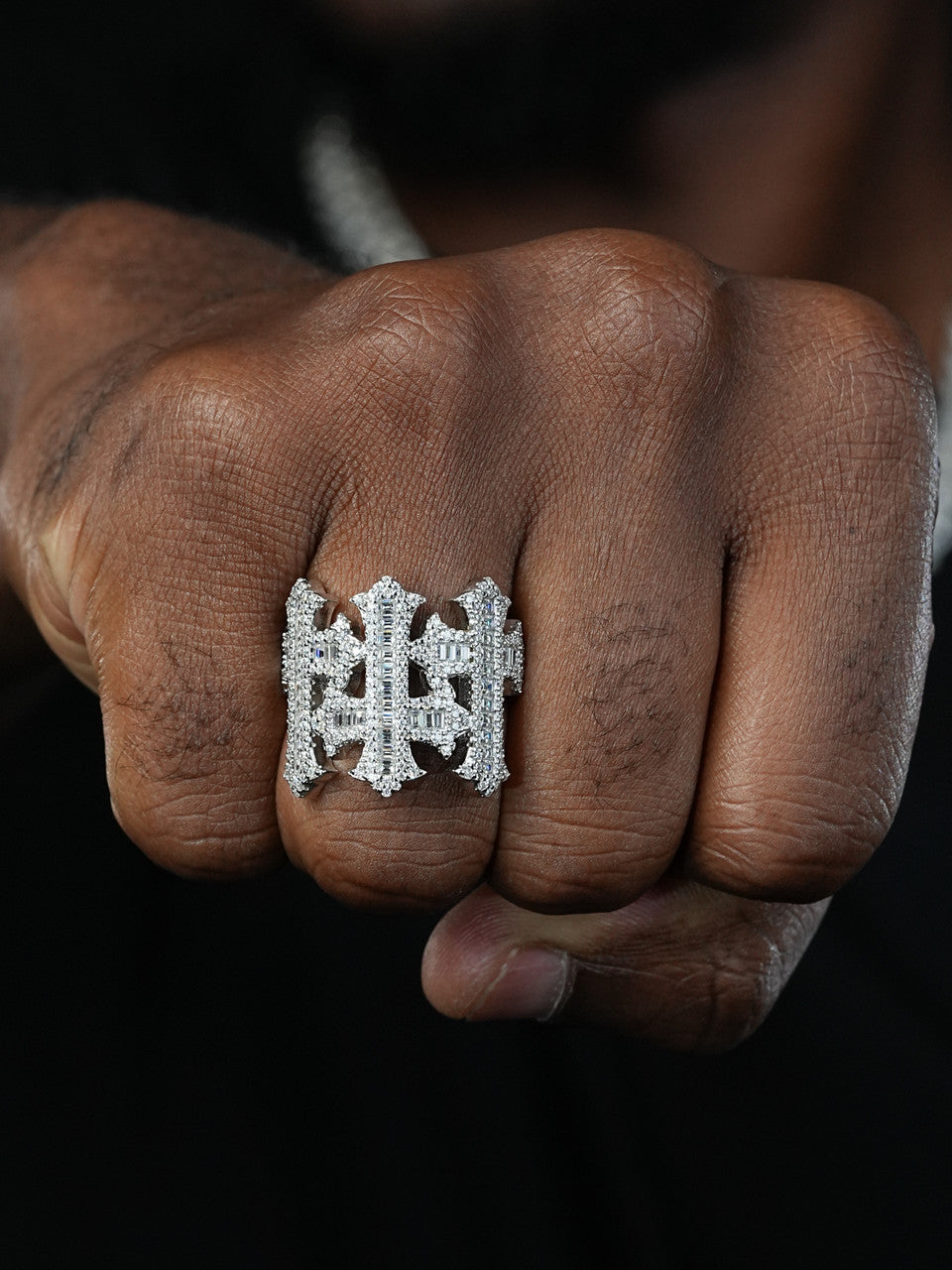 MOISSANITE Gothic Three Crosses Baguette Iced Out Ring - 925 Silver