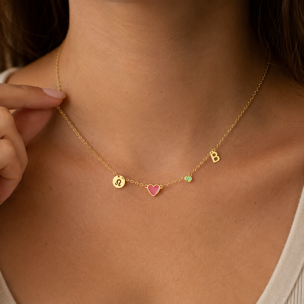 Collar Personalizado con Inicial, Piedra de Nacimiento y Signo del Zodiaco