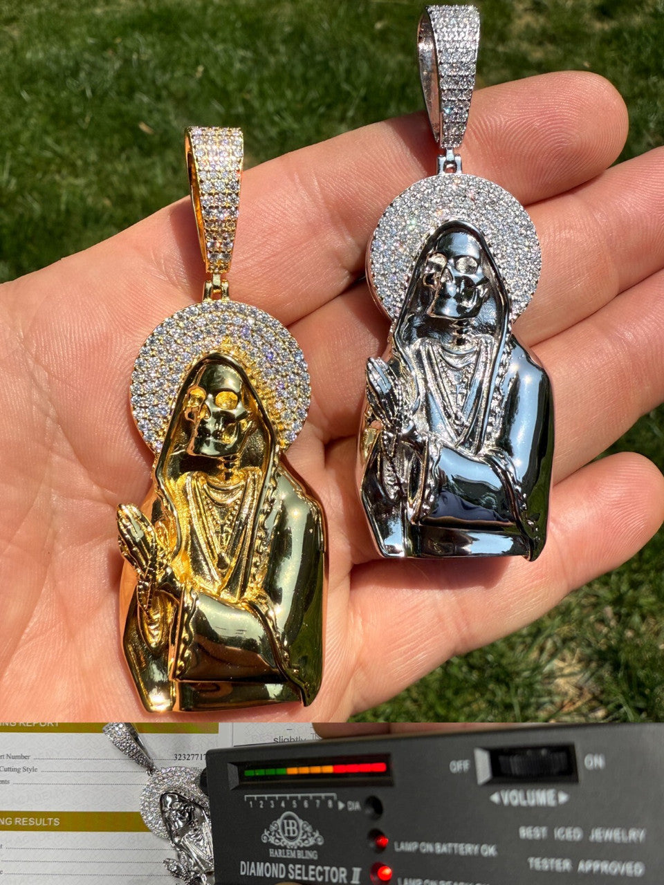 MOISSANITE Praying Grim Reaper Pendant - 14k Gold Vermeil or 925 Silver - Large 3"