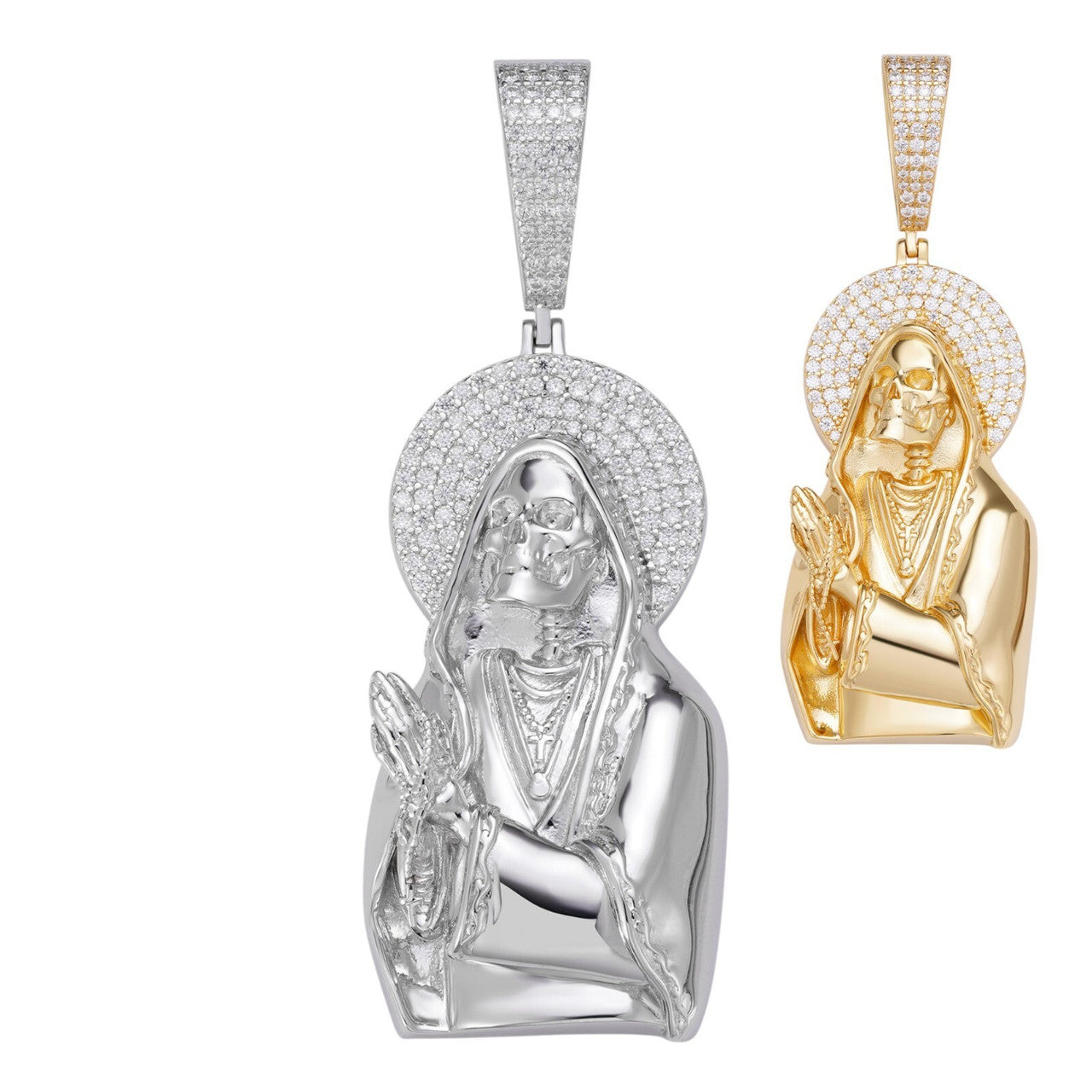 MOISSANITE Praying Grim Reaper Pendant - 14k Gold Vermeil or 925 Silver - Large 3"