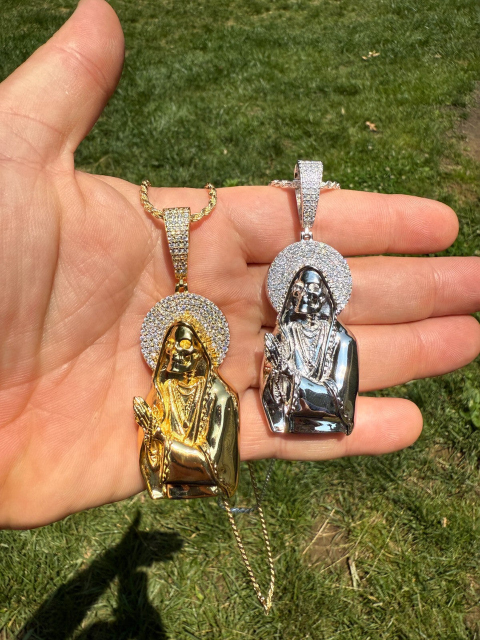 MOISSANITE Praying Grim Reaper Pendant - 14k Gold Vermeil or 925 Silver - Large 3"