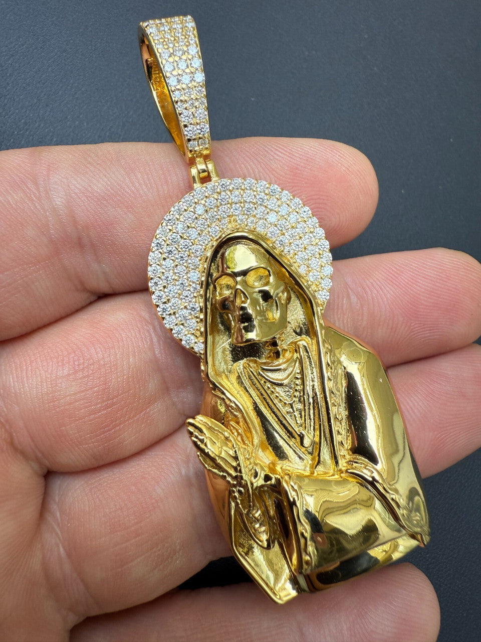 MOISSANITE Praying Grim Reaper Pendant - 14k Gold Vermeil or 925 Silver - Large 3"