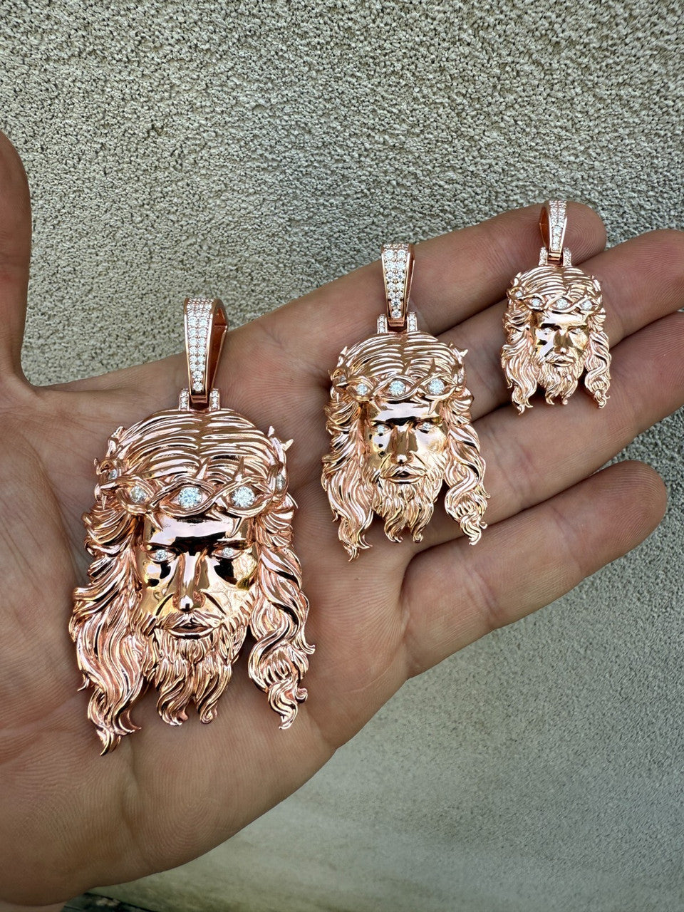 MOISSANITE #1 Bestseller Jesus Piece Pendant - 14k Rose Gold Vermeil 925 Silver - 3 Sizes 1.5"-3"