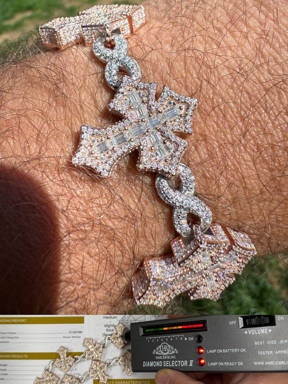 MOISSANITE Eternity 3D Cross Link Bracelet Iced Out - 14k Rose Gold Vermeil & 925 Silver - 24mm - 7.25"-9.25"