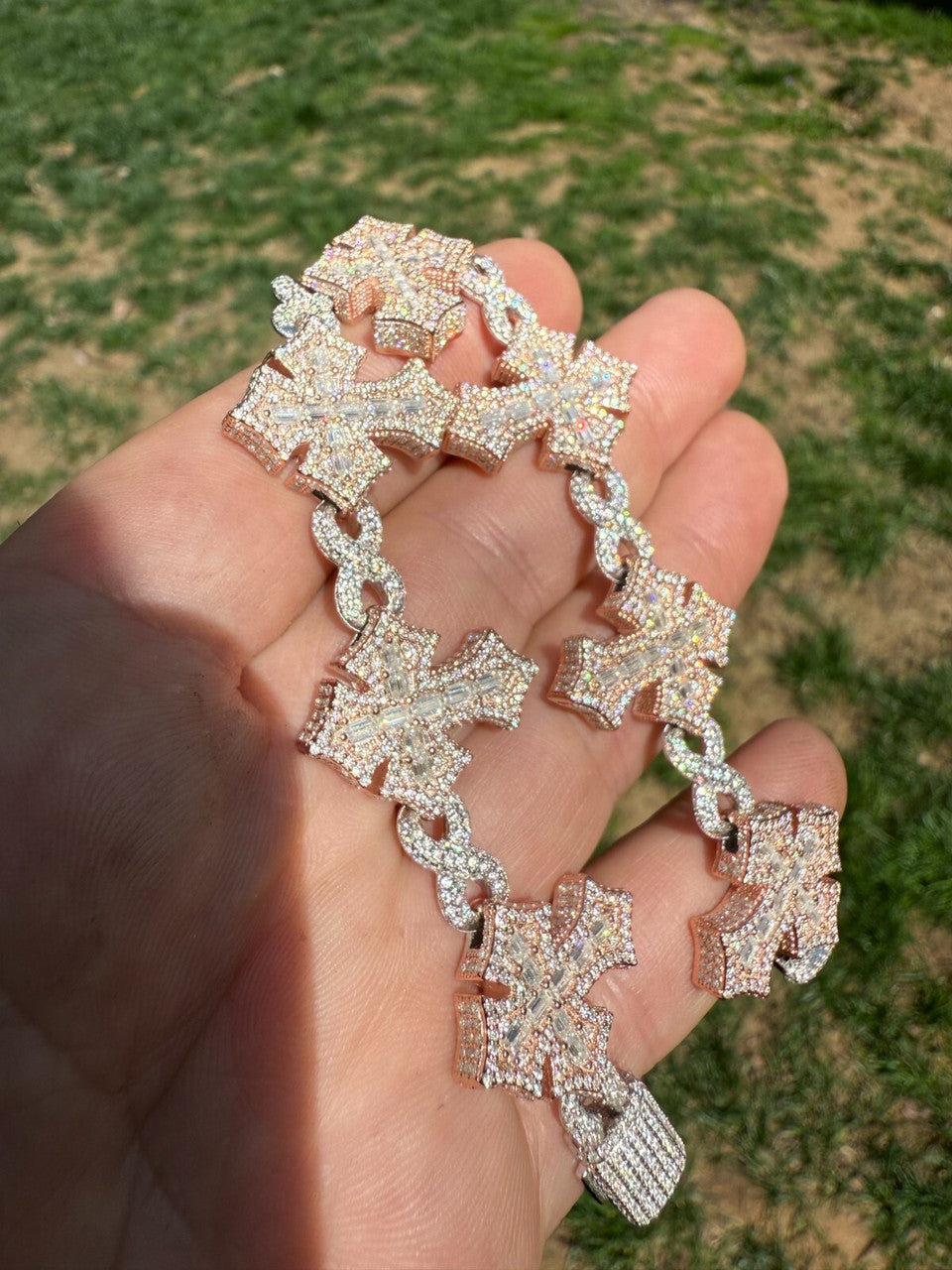 MOISSANITE Eternity 3D Cross Link Bracelet Iced Out - 14k Rose Gold Vermeil & 925 Silver - 24mm - 7.25"-9.25"