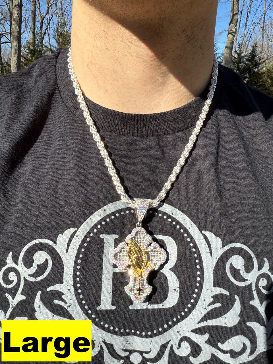 MOISSANITE Baguette Gothic Cross & Praying Hands Pendant - 925 Silver & Gold Accent - 3 Sizes 1.5"-2.75"