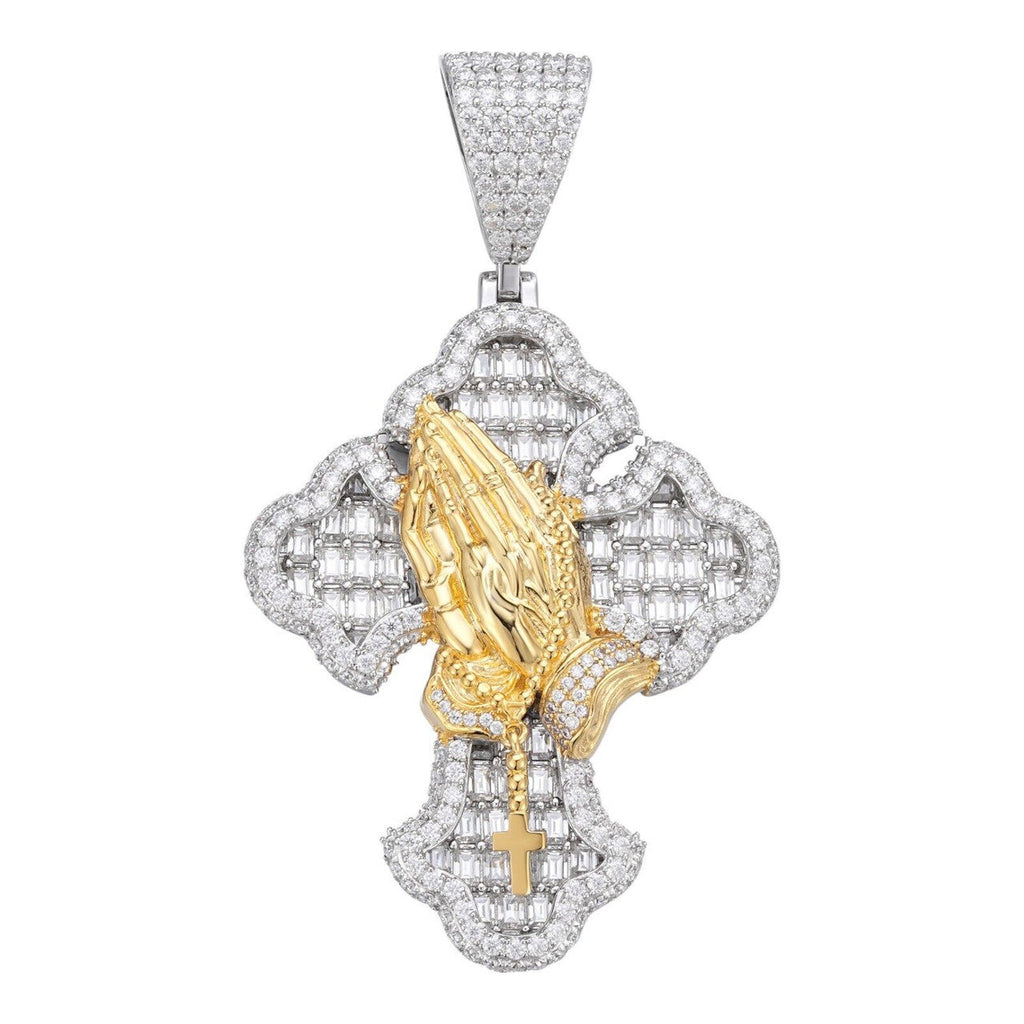 MOISSANITE Baguette Gothic Cross & Praying Hands Pendant - 925 Silver & Gold Accent - 3 Sizes 1.5"-2.75"