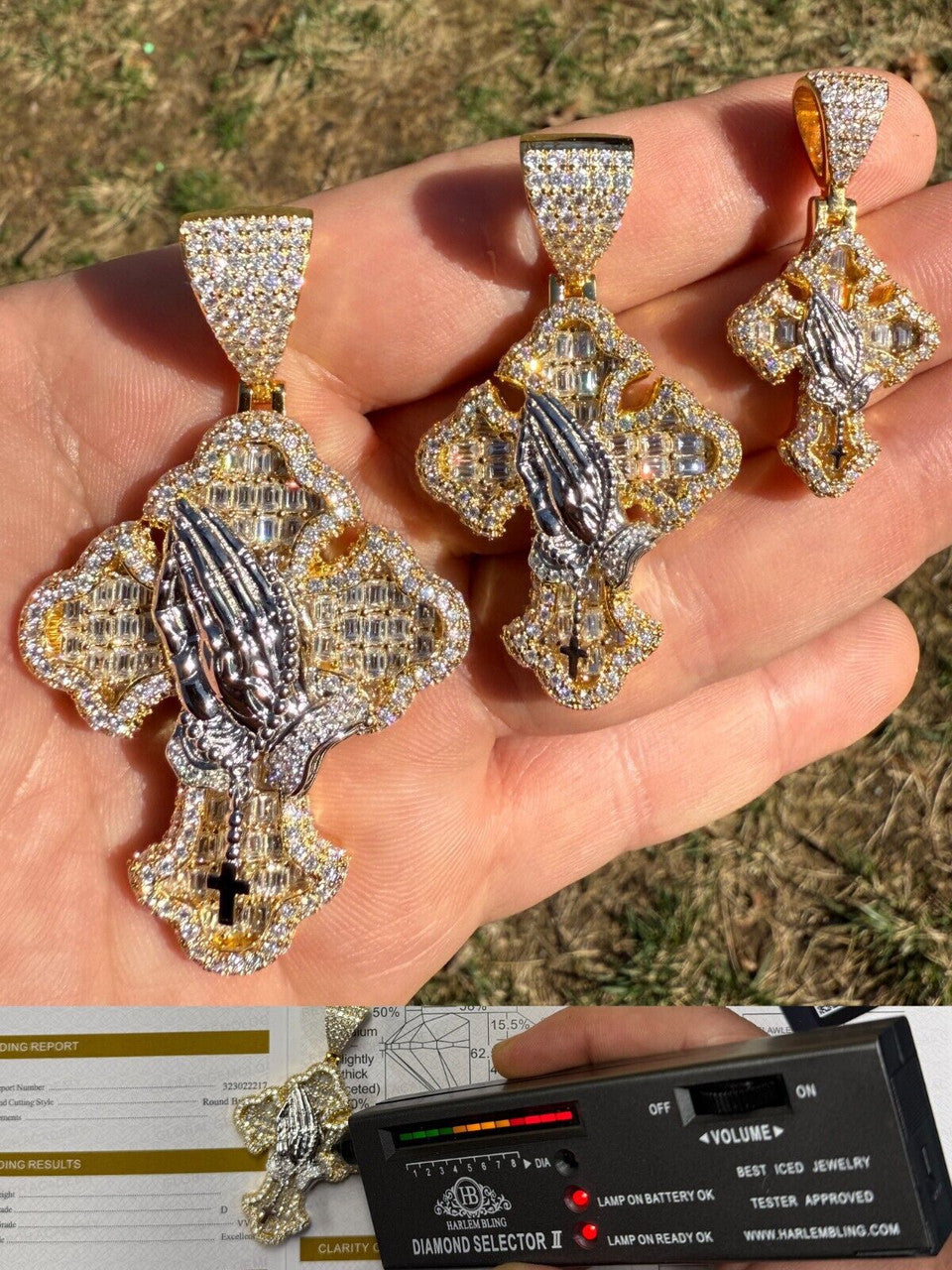MOISSANITE Baguette Gothic Cross & Praying Hands Pendant - 14k Gold Vermeil 925 Silver - 3 Sizes 1.5"-2.75"