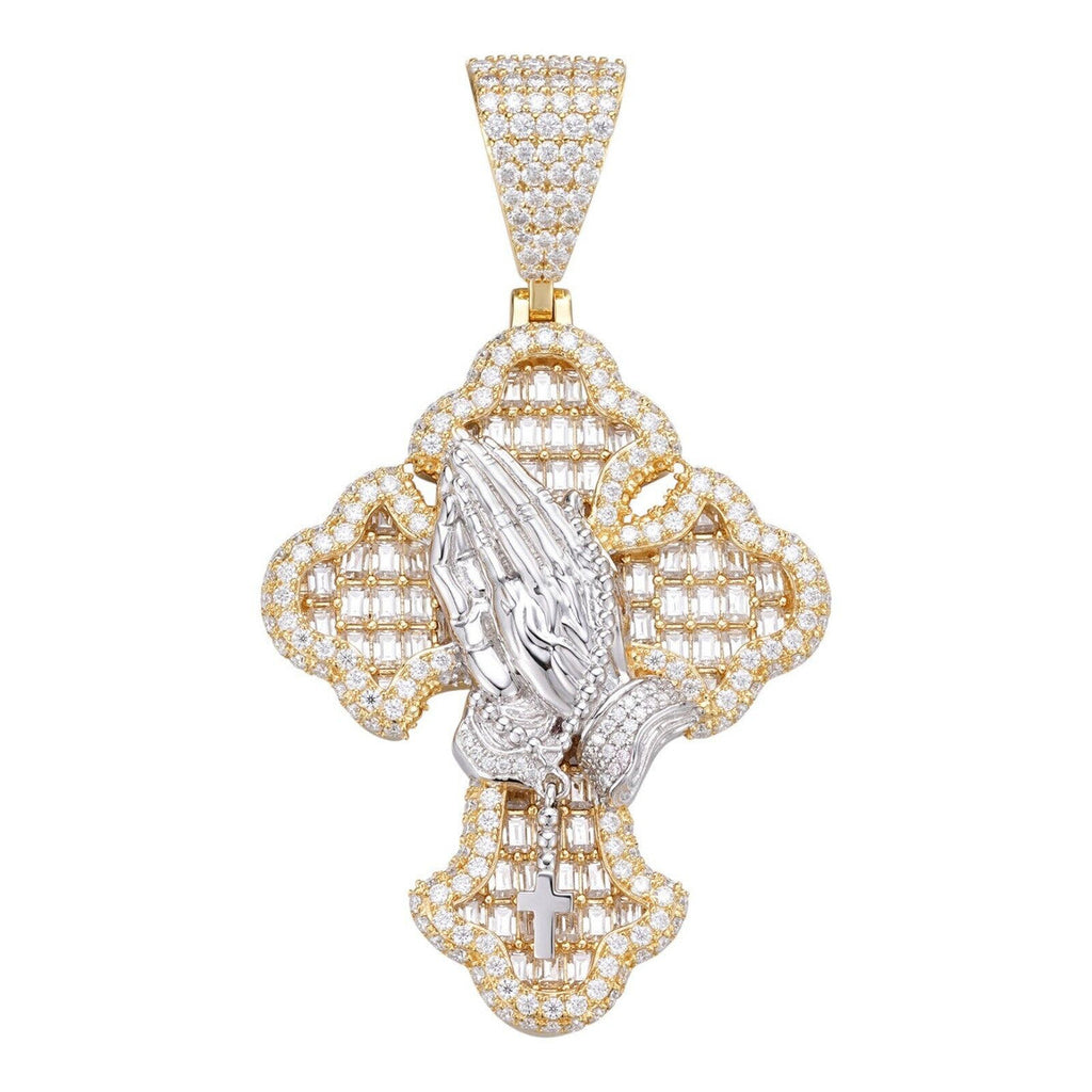 MOISSANITE Baguette Gothic Cross & Praying Hands Pendant - 14k Gold Vermeil 925 Silver - 3 Sizes 1.5"-2.75"